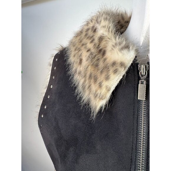 Dennis Basso Faux Fur Trimmed Studded Suede Vest Luxe Winter Layering Piece - Picture 11 of 16